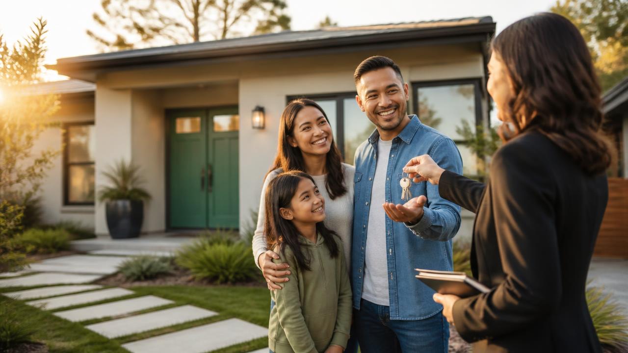 Happy family receiving keys to a California home